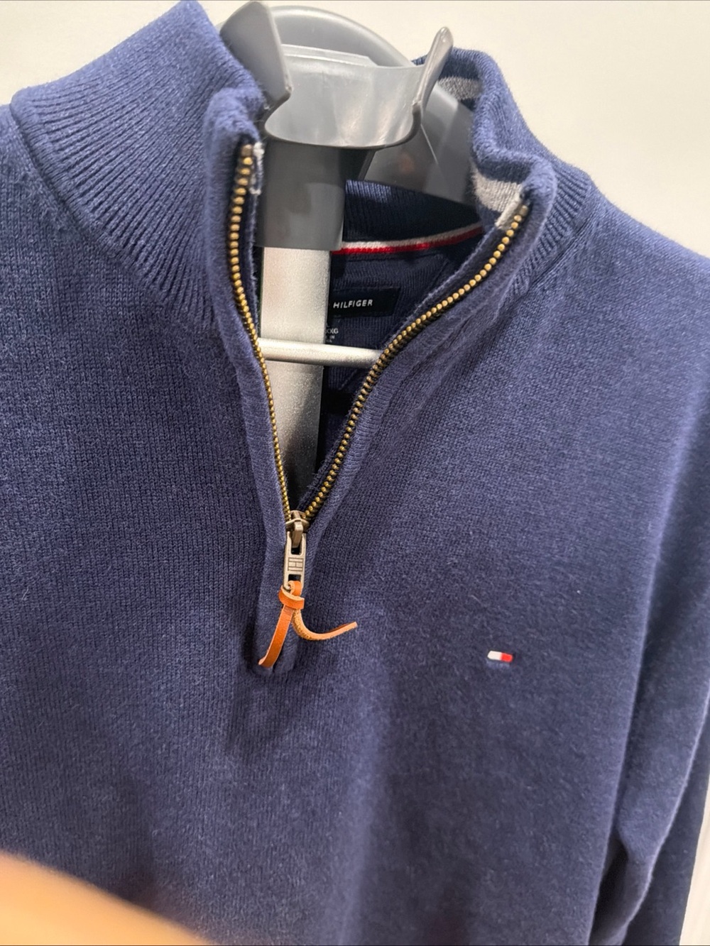 Tommy Hilfiger Men's Navy Half-Zip Sweater with Leather Pull